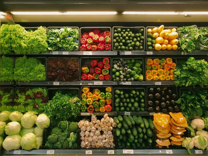 Supermarket aisle with fresh produce