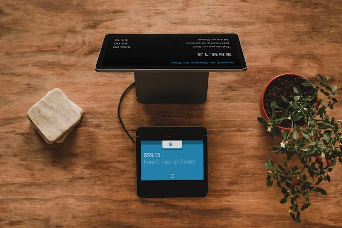 Point-of-sale terminal with customer display on a wooden counter